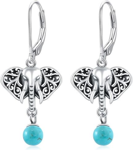 Vintage Green Turquoise with Elephant/Fox/Horse/Dolphin Dangle Earrings 925 Sterling Silver Genuine Round Turquoise with Animal Leverback Earrings Anniversary Women Gifts in Kuwait