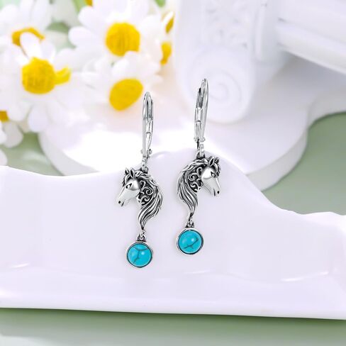 Vintage Green Turquoise with Elephant/Fox/Horse/Dolphin Dangle Earrings 925 Sterling Silver Genuine Round Turquoise with Animal Leverback Earrings Anniversary Women Gifts in Saudi Arabia