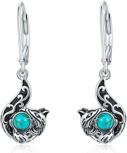 Vintage Green Turquoise with Elephant/Fox/Horse/Dolphin Dangle Earrings 925 Sterling Silver Genuine Round Turquoise with Animal Leverback Earrings Anniversary Women Gifts in Saudi Arabia
