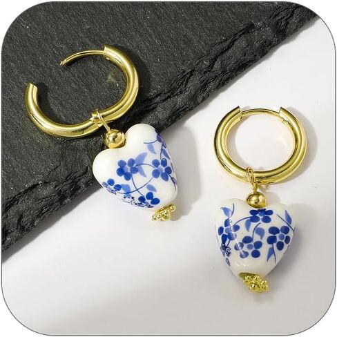 Blue White Porcelain Beaded Floral Teacup Fan Heart Pearl Pattern Drop Dangle Earrings For Women Statement Chinese Style Elegant Hook Huggie in Kuwait