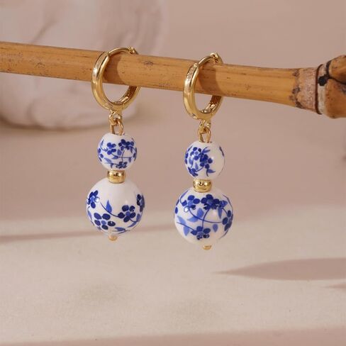 Blue White Porcelain Beaded Floral Teacup Fan Heart Pearl Pattern Drop Dangle Earrings For Women Statement Chinese Style Elegant Hook Huggie in Kuwait