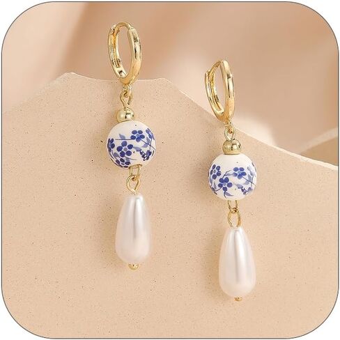 Blue White Porcelain Beaded Floral Teacup Fan Heart Pearl Pattern Drop Dangle Earrings For Women Statement Chinese Style Elegant Hook Huggie in Saudi Arabia