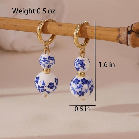Blue White Porcelain Beaded Floral Teacup Fan Heart Pearl Pattern Drop Dangle Earrings For Women Statement Chinese Style Elegant Hook Huggie in Kuwait