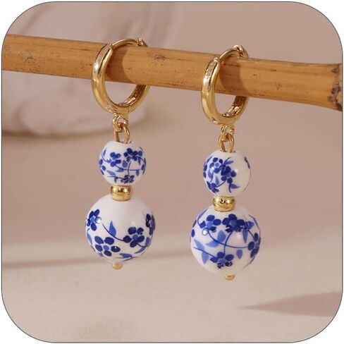 Blue White Porcelain Beaded Floral Teacup Fan Heart Pearl Pattern Drop Dangle Earrings For Women Statement Chinese Style Elegant Hook Huggie in Kuwait
