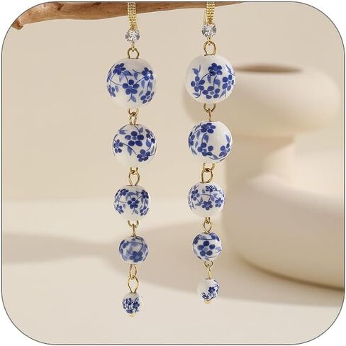 Blue White Porcelain Beaded Floral Teacup Fan Heart Pearl Pattern Drop Dangle Earrings For Women Statement Chinese Style Elegant Hook Huggie in Kuwait