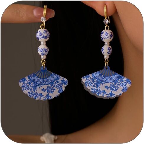 Blue White Porcelain Beaded Floral Teacup Fan Heart Pearl Pattern Drop Dangle Earrings For Women Statement Chinese Style Elegant Hook Huggie in Kuwait