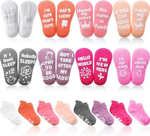 SATINIOR 8 Pairs Baby Socks Set Baby Non-slip Grip Ankle Socks Non-Skid Gripper Socks with Funny Sayings, 0-24 Months 1-3 Years (Pink Series,4.5 Inch) in Kuwait