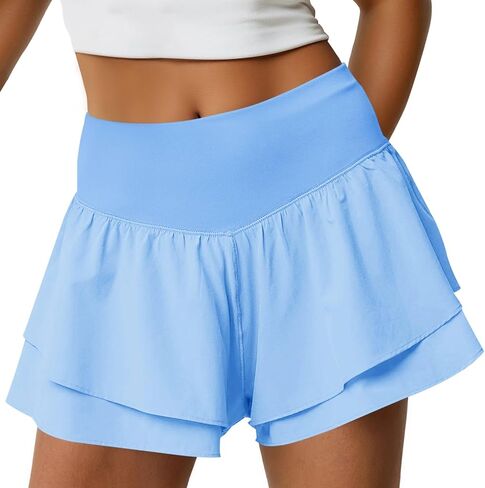 Womens High Waisted Athletic Shorts Ruffle Tiered Running Workout Tennis Shorts with Build in Shorts in Saudi Arabia