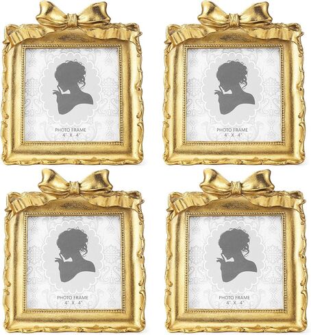 Chunful 1 Pcs Vintage Gold Bow Picture Frames 4x4 Inch Antique Baroque Photo Frames Ornate Resin with Glass Front for Wedding Tabletop Home Display Gallery Wall Hanging Party Decor in Saudi Arabia