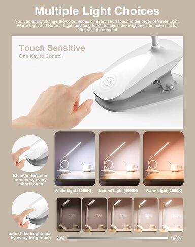 Desk Lamp, Table Lamp 1500mAh Dimmable Reading Lamp with Clamp and Type-C Charging Port, Desk Light for Home Office Reading Working Studying Gooseneck Adjustable Flexible - White in Saudi Arabia