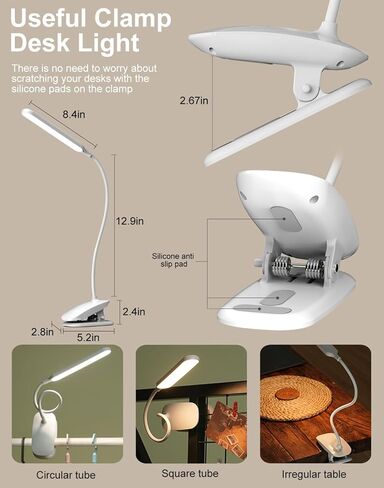 Desk Lamp, Table Lamp 1500mAh Dimmable Reading Lamp with Clamp and Type-C Charging Port, Desk Light for Home Office Reading Working Studying Gooseneck Adjustable Flexible - White in Saudi Arabia