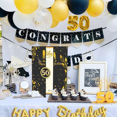 كتاب ضيف عيد الميلاد الخمسين ديكورات حفلات الذهب الأسود 16.73 × 11.8 بوصة، بطاقة ملصق توقيع عيد ميلاد 50 عامًا هدية عملاقة لتسجيل الدخول في كتاب خمسين حفلة عيد ميلاد تذكار - ديكور قطعة مركزية للطاولة in Kuwait