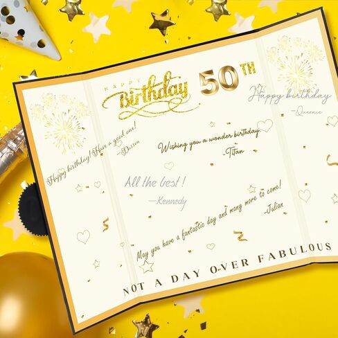 كتاب ضيف عيد الميلاد الخمسين ديكورات حفلات الذهب الأسود 16.73 × 11.8 بوصة، بطاقة ملصق توقيع عيد ميلاد 50 عامًا هدية عملاقة لتسجيل الدخول في كتاب خمسين حفلة عيد ميلاد تذكار - ديكور قطعة مركزية للطاولة in Kuwait