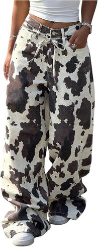 GORGLITTER Women's Cow Print Jeans Y2k Low Rise Loose Vintage Baggy Wide Leg Denim Pants in Saudi Arabia