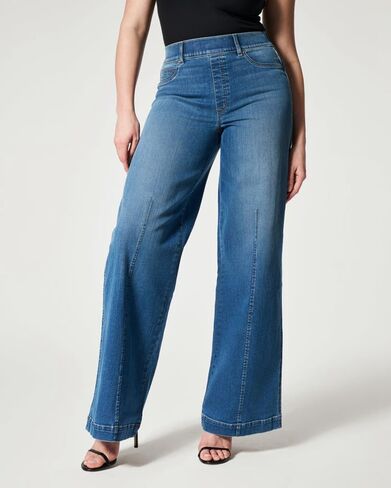 Women’s Mid Rise Wide Leg Straight Jeans Stretch Denim Pants with Classic Five Pockets Wash Finish Suitable for Daily Wear in Saudi Arabia