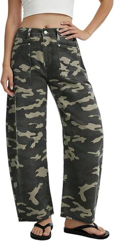 loveimgs Women Baggy Camo Barrel Jeans Mid Rise Wide Leg Jeans Cargo Denim Ankle Pants Boyfriend Camouflage Sweatpants Y2k in Saudi Arabia