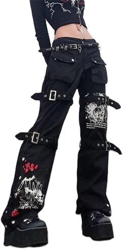 Women Y2k Cargo Pants Punk Emo Baggy Zipper Fly Harajuku Bell Bottom Jeans Grunge Gothic Vintage Wide Leg Pants in Saudi Arabia