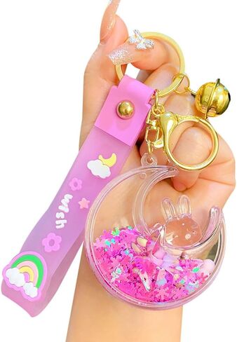 HSYHERE Women Girls Beautiful Creative Sleeping on Moon Rabbit Moving Sand Keychain Flowing Sand Pendant Metal Key Ring in Saudi Arabia