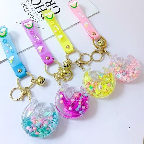 HSYHERE Women Girls Beautiful Creative Sleeping on Moon Rabbit Moving Sand Keychain Flowing Sand Pendant Metal Key Ring in Saudi Arabia