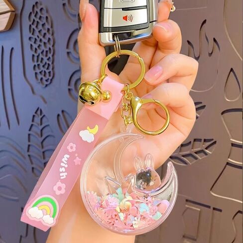 HSYHERE Women Girls Beautiful Creative Sleeping on Moon Rabbit Moving Sand Keychain Flowing Sand Pendant Metal Key Ring in Saudi Arabia