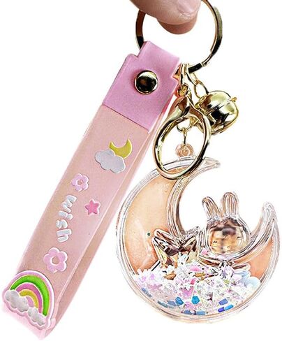 HSYHERE Women Girls Beautiful Creative Sleeping on Moon Rabbit Moving Sand Keychain Flowing Sand Pendant Metal Key Ring in Saudi Arabia