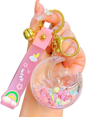 HSYHERE Women Girls Beautiful Creative Sleeping on Moon Rabbit Moving Sand Keychain Flowing Sand Pendant Metal Key Ring in Saudi Arabia
