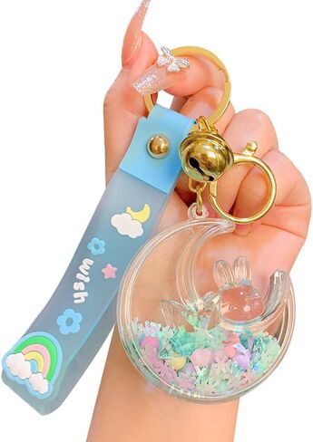 HSYHERE Women Girls Beautiful Creative Sleeping on Moon Rabbit Moving Sand Keychain Flowing Sand Pendant Metal Key Ring in Saudi Arabia