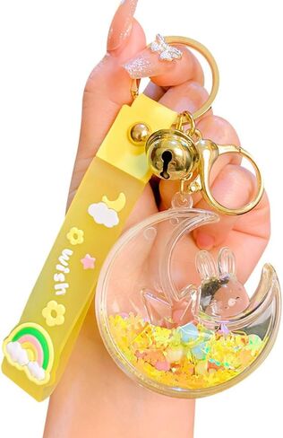 HSYHERE Women Girls Beautiful Creative Sleeping on Moon Rabbit Moving Sand Keychain Flowing Sand Pendant Metal Key Ring in Saudi Arabia