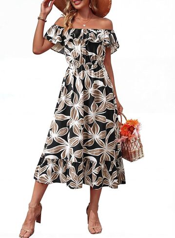 Lotusmile Women's 2026 Summer Casual Boho Floral Midi Dress Ruffle Flowy A-Line Sundress for Everyday Wear in Saudi Arabia