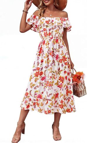 Lotusmile Women's 2026 Summer Casual Boho Floral Midi Dress Ruffle Flowy A-Line Sundress for Everyday Wear in Saudi Arabia