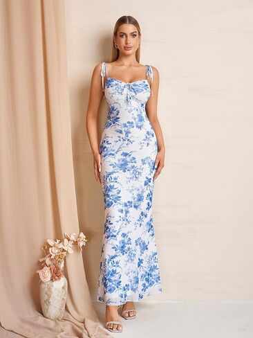 فستان KUTUMAI الصيفي طويل مزين بالزهور وربطة الكتف Bodycon فساتين رسمية طويلة لحفلات الزفاف للنساء in Kuwait