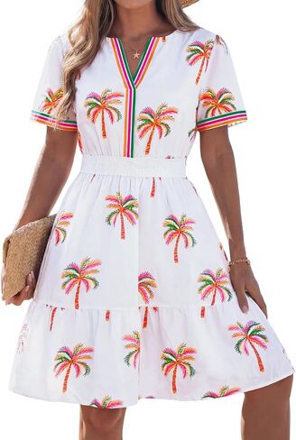 popvil Women Summer Short Dress 2026 Spring Casual Mini Dress Cute Boho Short Sleeve V Neck A-Line Sun Dress for Garden Party in Saudi Arabia