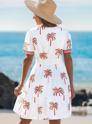 popvil Women Summer Short Dress 2026 Spring Casual Mini Dress Cute Boho Short Sleeve V Neck A-Line Sun Dress for Garden Party in Saudi Arabia