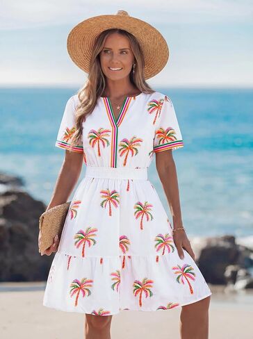 popvil Women Summer Short Dress 2026 Spring Casual Mini Dress Cute Boho Short Sleeve V Neck A-Line Sun Dress for Garden Party in Saudi Arabia