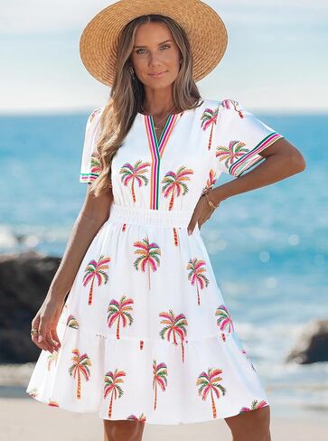 popvil Women Summer Short Dress 2026 Spring Casual Mini Dress Cute Boho Short Sleeve V Neck A-Line Sun Dress for Garden Party in Saudi Arabia