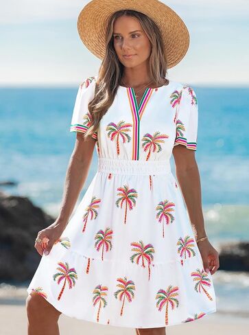popvil Women Summer Short Dress 2026 Spring Casual Mini Dress Cute Boho Short Sleeve V Neck A-Line Sun Dress for Garden Party in Saudi Arabia