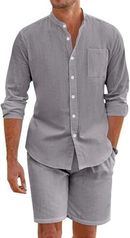 Men's 2 Piece Outfits Casual Linen Long Sleeve Button Down Polo Shirts and Shorts Beach Vacation Lounge Sets for Men in Saudi Arabia