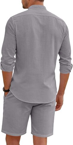 Men's 2 Piece Outfits Casual Linen Long Sleeve Button Down Polo Shirts and Shorts Beach Vacation Lounge Sets for Men in Saudi Arabia