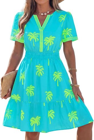 popvil Women Summer Short Dress 2026 Spring Casual Mini Dress Cute Boho Short Sleeve V Neck A-Line Sun Dress for Garden Party in Saudi Arabia
