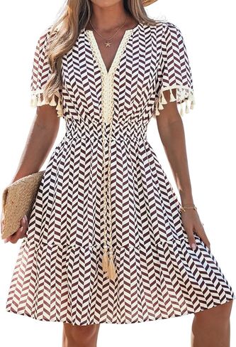 popvil Women Summer Short Dress 2026 Spring Casual Mini Dress Cute Boho Short Sleeve V Neck A-Line Sun Dress for Garden Party in Saudi Arabia