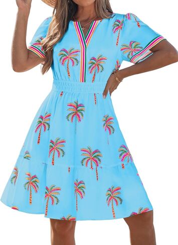 popvil Women Summer Short Dress 2026 Spring Casual Mini Dress Cute Boho Short Sleeve V Neck A-Line Sun Dress for Garden Party in Saudi Arabia