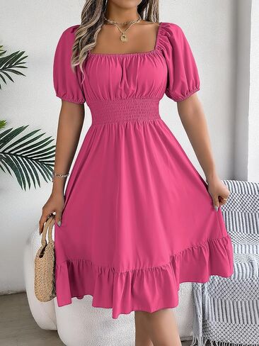 Women's Casual Square Neck High Waist Short Sleeve Dresses A-Line Swing Flowy Beach Ruffle Mini Dress in Saudi Arabia