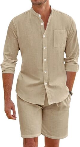 Men's 2 Piece Outfits Casual Linen Long Sleeve Button Down Polo Shirts and Shorts Beach Vacation Lounge Sets for Men in Saudi Arabia