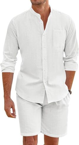 Men's 2 Piece Outfits Casual Linen Long Sleeve Button Down Polo Shirts and Shorts Beach Vacation Lounge Sets for Men in Saudi Arabia