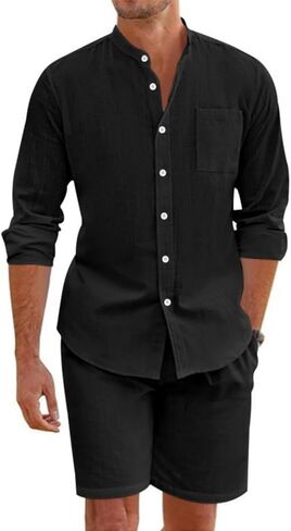 Men's 2 Piece Outfits Casual Linen Long Sleeve Button Down Polo Shirts and Shorts Beach Vacation Lounge Sets for Men in Saudi Arabia