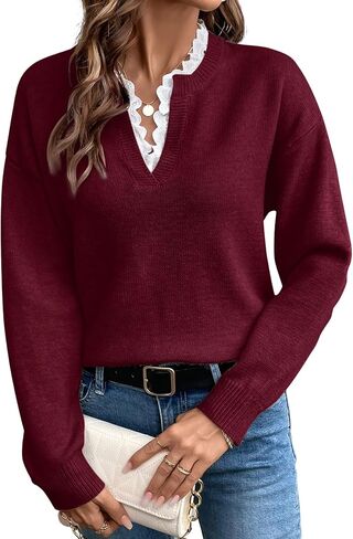 SHENHE Women's Lace Peplum Sweater 2026 Spring V Neck Casual Knit Long Sleeve Tops Elegant Lightweight Pullover Clothes in Saudi Arabia