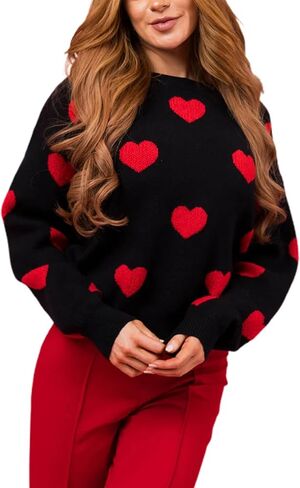 Women's Valentine's Day Heart Print Sweater Loose Crew Neck Long Sleeve Pullover Knit Tops for Date in Kuwait