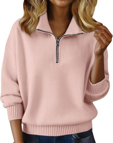Womens Quarter Zip Sweater,Cashmere Sweaters for Women Long Sleeve Kint Drop Shoulder Winter Plus Size Pullover Tops in Saudi Arabia