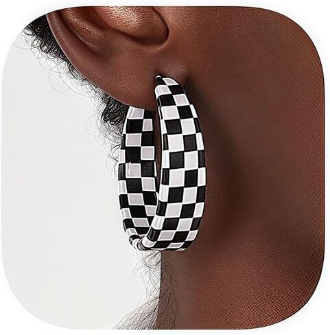 Chunky Checkered Hoop Earrings, Black and White & Green and White, Lightweight Open Hoops, Fashion Statement Jewelry in Saudi Arabia