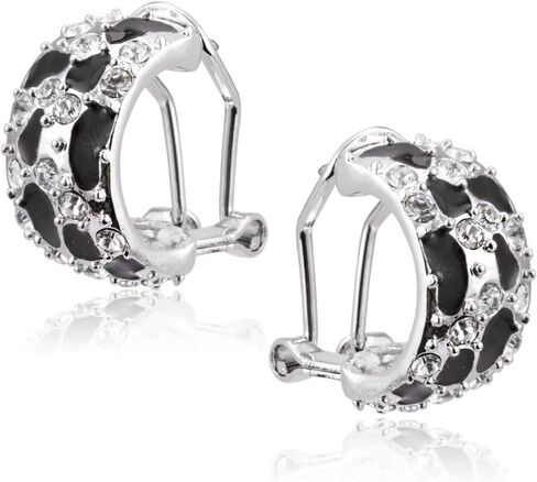 FAIRY COUPLE 18K White Gold Plated Bold Half Hoop Earrings for Women, Hand-Applied Black Enamel Panther Motif J-Hoops with Sparkling CZ, Luxury Statement Jewelry with Secure Omega Back E518 in Kuwait